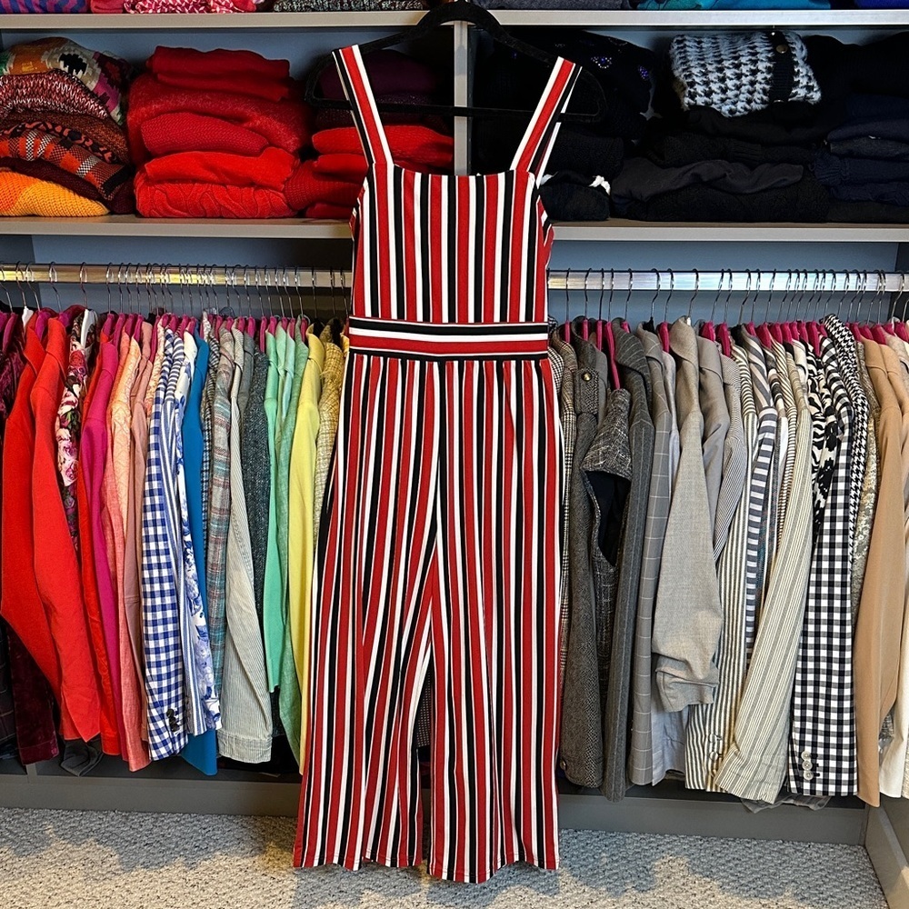 Express red/black/white striped sleeveless back smocked jumpsuit size S